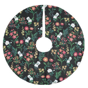 Pretty Watercolor Floral Black Botanical Brushed Polyester Tree Skirt