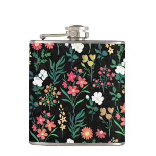Pretty Watercolor Floral Black Botanical Hip Flask
