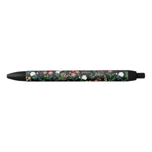 Pretty Watercolor Floral Black Botanical Ink Pen