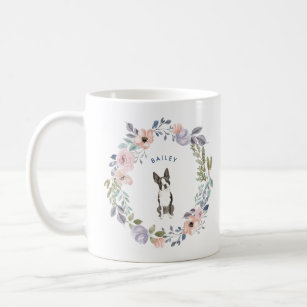 Pretty Watercolor Floral   Boston Terrier Dog Coffee Mug