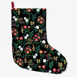 Pretty Watercolor Floral Botanical Black Pattern Large Christmas Stocking