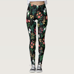Pretty Watercolor Floral Botanical Black Pattern Leggings