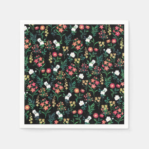 Pretty Watercolor Floral Botanical Black Pattern Napkin