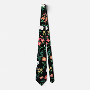 Pretty Watercolor Floral Botanical Black Pattern Tie