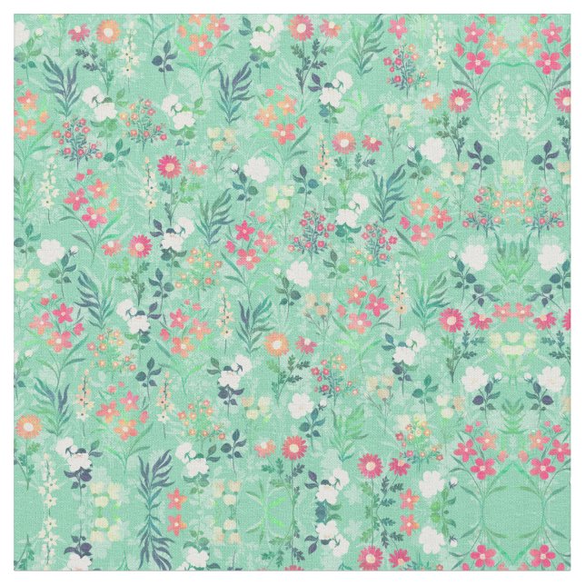 Pretty Watercolor Floral Botanical Green Pattern Fabric (Close Up)