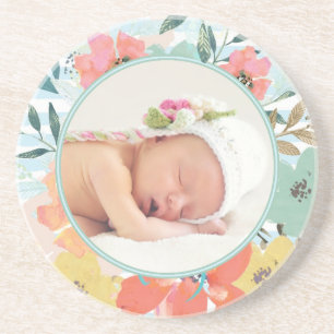 Pretty Watercolor Floral Custom Photo Coaster