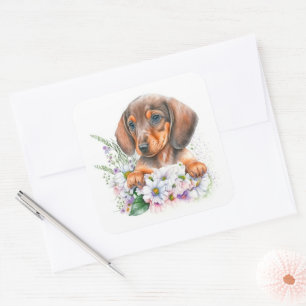 Pretty Watercolor Floral Dachshund Puppy Dog Square Sticker