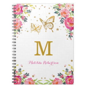 Pretty Watercolor Floral Gold Butterfly Monogram Notebook