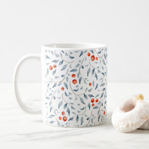 Pretty Watercolor Floral Holly Berries Blue Xmas Coffee Mug