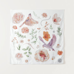 Pretty Watercolor Floral Hummingbird Pattern Tapestry
