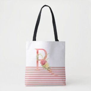 Pretty Watercolor Floral Letter "R" Pink Stripe Tote Bag