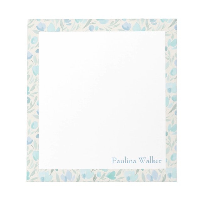 Pretty Watercolor Floral Pattern in Blue Name Notepad (Front)