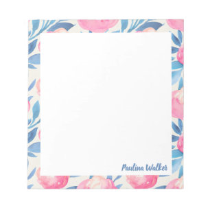 Pretty Watercolor Floral Pattern Pink Blue Name Notepad