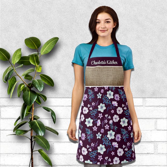 Pretty Watercolor Floral Personalised First Name Apron (Creator Uploaded)
