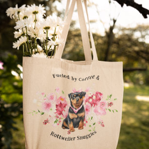 Pretty Watercolor Floral Rottweiler Dog Tote Bag