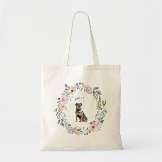 Pretty Watercolor Floral | Rottweiler Dog Tote Bag (Front)
