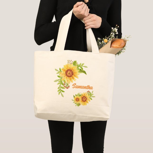 Pretty Watercolor Floral Sunflower Large Tote Bag (Front (Product))
