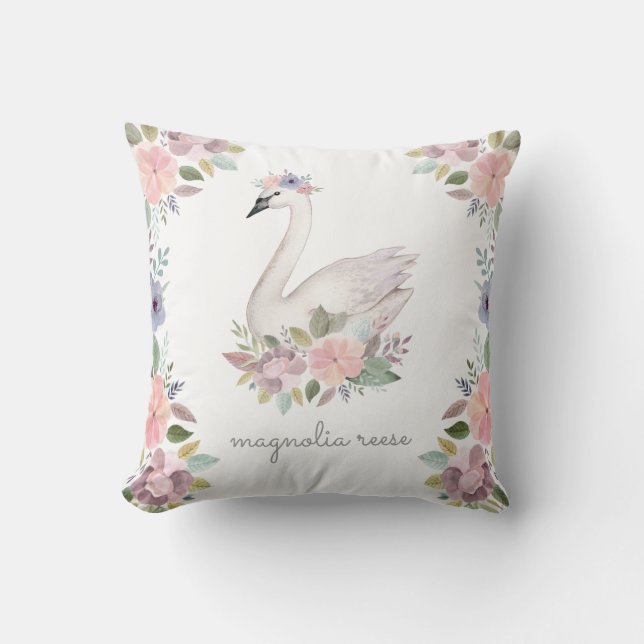 Pretty Watercolor Floral Swan Princess Name Cushion (Front)