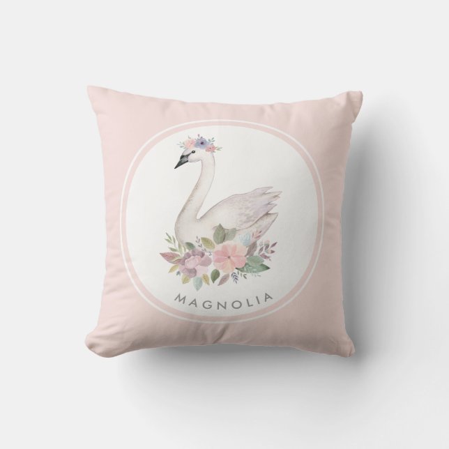 Pretty Watercolor Floral Swan Princess Name Cushion (Front)