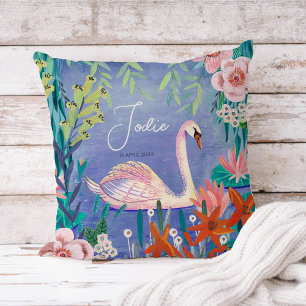 Pretty Watercolor Floral Swan Princess Name Throw  Cushion