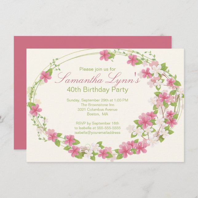 Pretty Watercolor Flower Wreath Birthday Party Invitation (Front/Back)