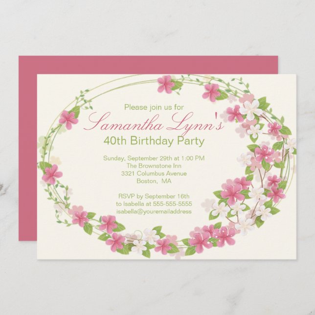 Pretty Watercolor Flower Wreath Birthday Party Invitation (Front/Back)