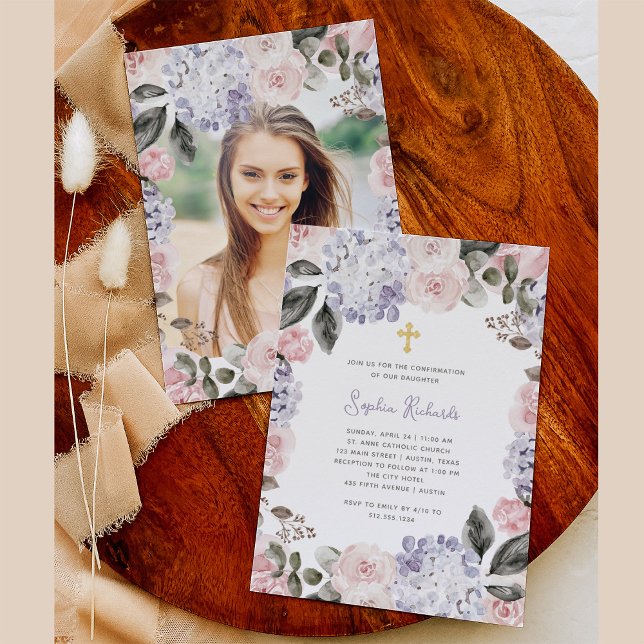 Pretty Watercolor Flowers and Photo | Confirmation Invitation (Creator Uploaded)