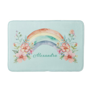 Pretty Watercolor Flowers and Rainbow Bath Mat