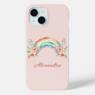 Pretty Watercolor Flowers and Rainbow iPhone 15 Case