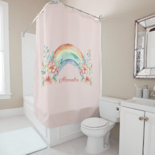 Pretty Watercolor Flowers and Rainbow Shower Curtain