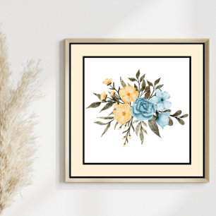 Pretty Watercolor Flowers Black Line Yellow Border Poster