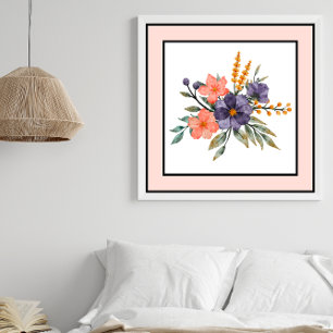 Pretty Watercolor Flowers Black Lines Peach Border Poster