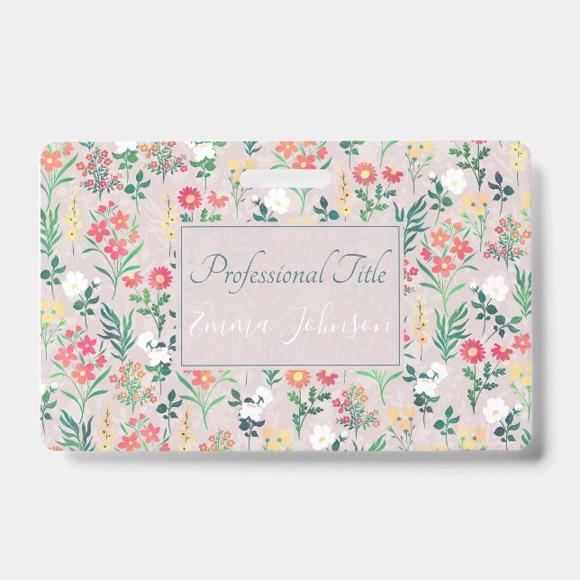 Pretty Watercolor Flowers Botanical ID Badge (Front)