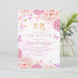 Pretty Watercolor Flowers & Butterfly Baby Shower Invitation