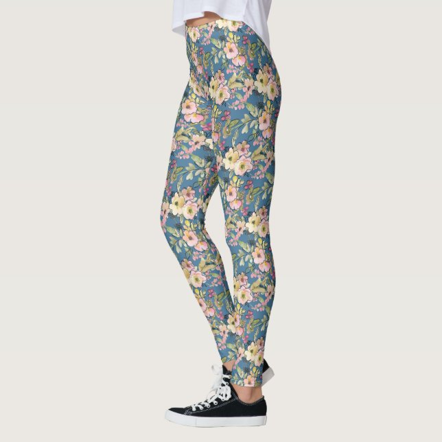 Pretty Watercolor Flowers Doodle Leggings (Left)