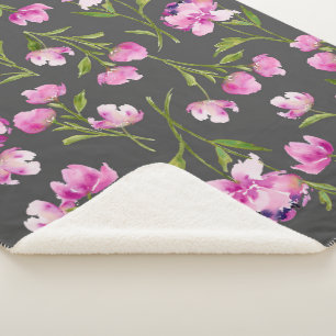 Pretty Watercolor Flowers on Grey Sherpa Blanket