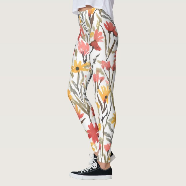 Pretty Watercolor Flowers Pattern Botanical Floral Leggings (Left)