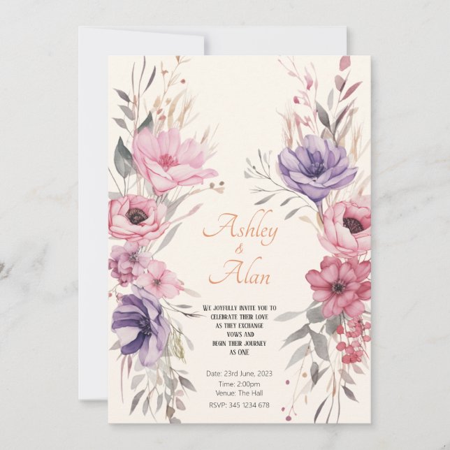 Pretty Watercolor Flowers Royal Wedding Invitation (Front)