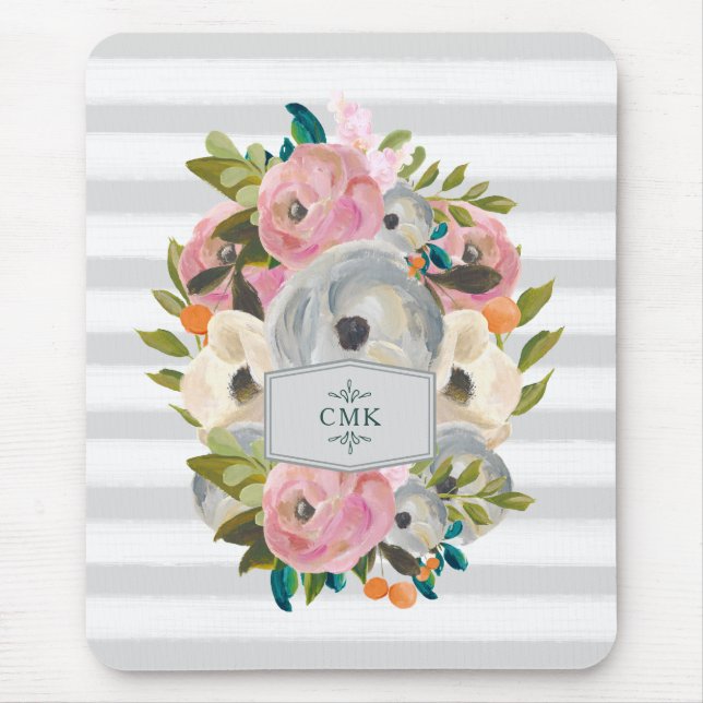 Pretty Watercolor Flowers with Chic Grey Stripes Mouse Pad (Front)