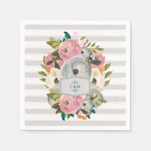 Pretty Watercolor Flowers with Chic Grey Stripes Napkin