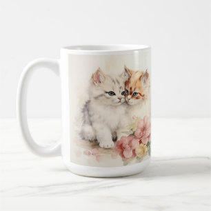 PRETTY WATERCOLOR FLUFFY TABBY KITTENS COFFEE MUG