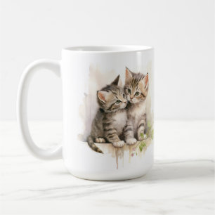 PRETTY WATERCOLOR FLUFFY TABBY KITTENS COFFEE MUG