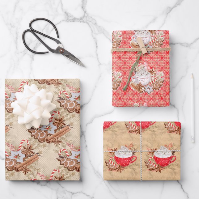 Pretty Watercolor Gingerbread Cookie Cocoa Wrapping Paper Sheet (Front)