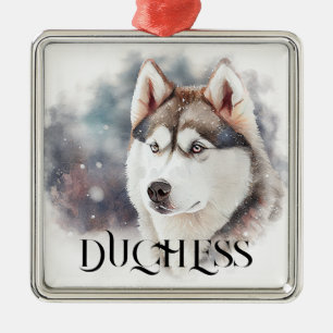 PRETTY WATERCOLOR HOLIDAY SIBERIAN HUSKY DOG METAL ORNAMENT