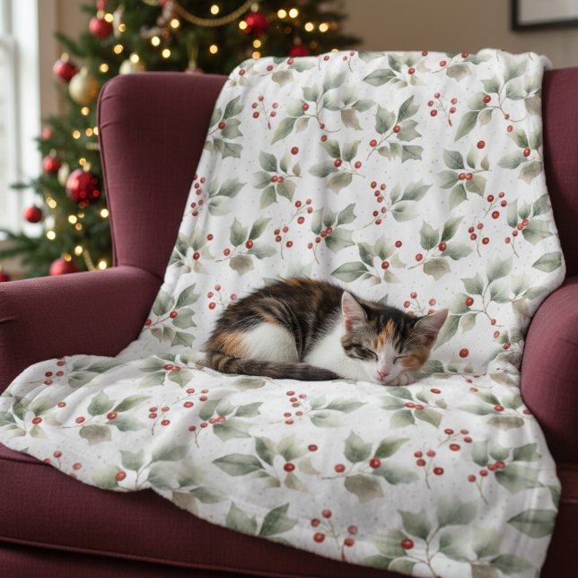 Pretty Watercolor Holly and Berries Fleece Blanket (Creator Uploaded)