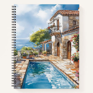 PRETTY WATERCOLOR HOME WITH POOL BY THE SEA NOTEBOOK
