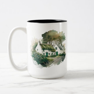 PRETTY WATERCOLOR IRISH COTTAGE Two-Tone COFFEE MUG