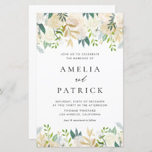 Pretty Watercolor Ivory Peonies Wedding Invitation