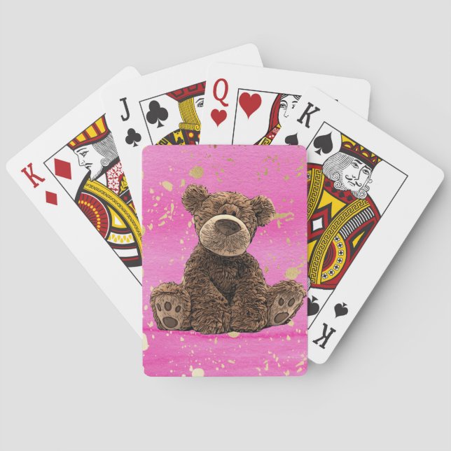 Pretty Watercolor Kid's Pink Teddy Bear  Playing Cards (Back)