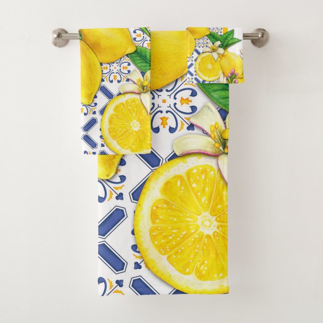 Pretty Watercolor Lemons & Blue Stripes Bath Towel (Insitu)